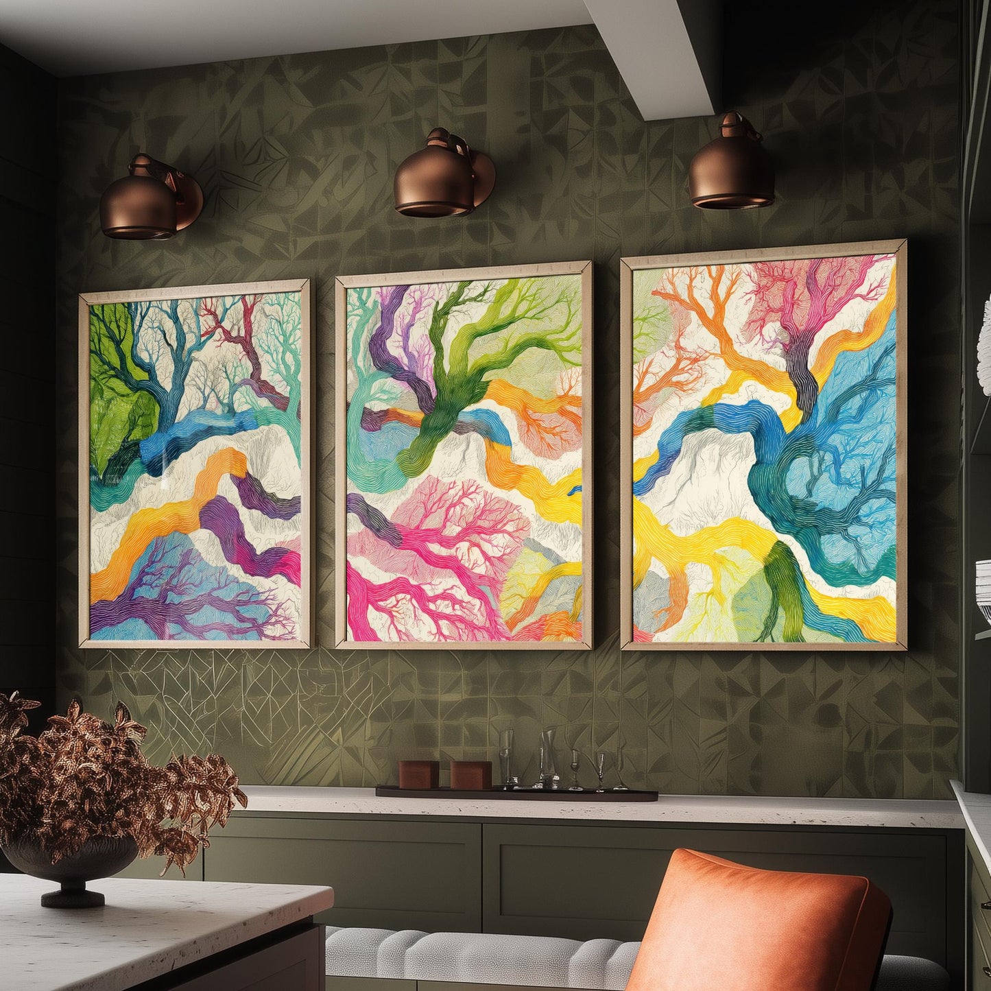 Colourful Winding Trees Set of Three Art Prints - 3 Rainbow Whimsical Tree Posters - Photo Wall Art Gift Nature Illustration V1
