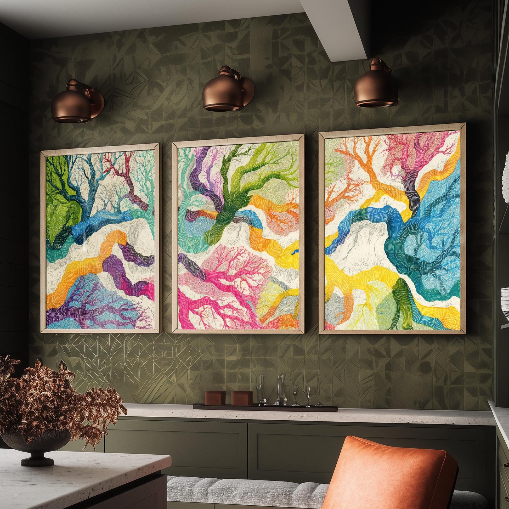 Colourful Winding Trees Set of Three Art Prints - 3 Rainbow Whimsical Tree Posters - Photo Wall Art Gift Nature Illustration V1