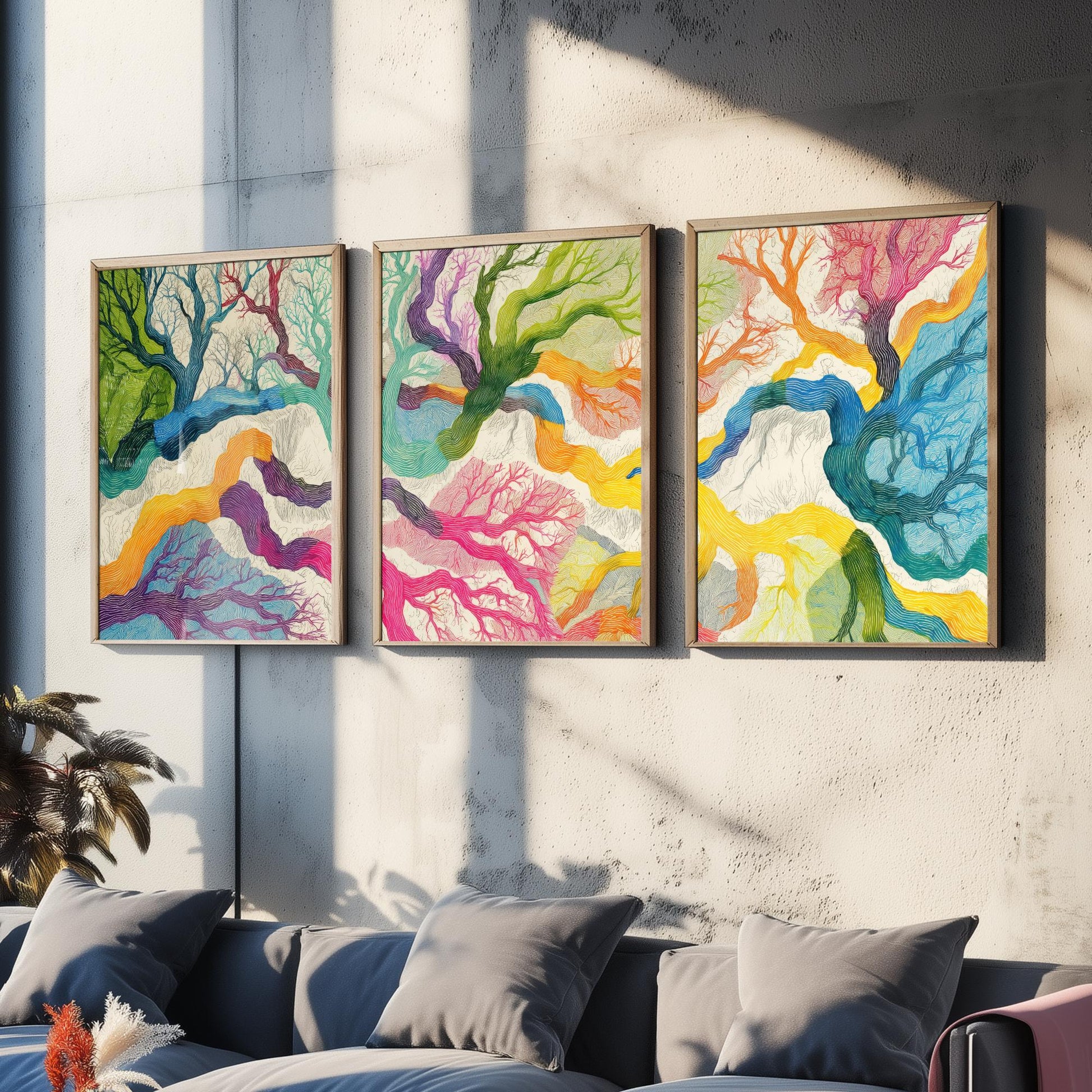 Colourful Winding Trees Set of Three Art Prints - 3 Rainbow Whimsical Tree Posters - Photo Wall Art Gift Nature Illustration V1