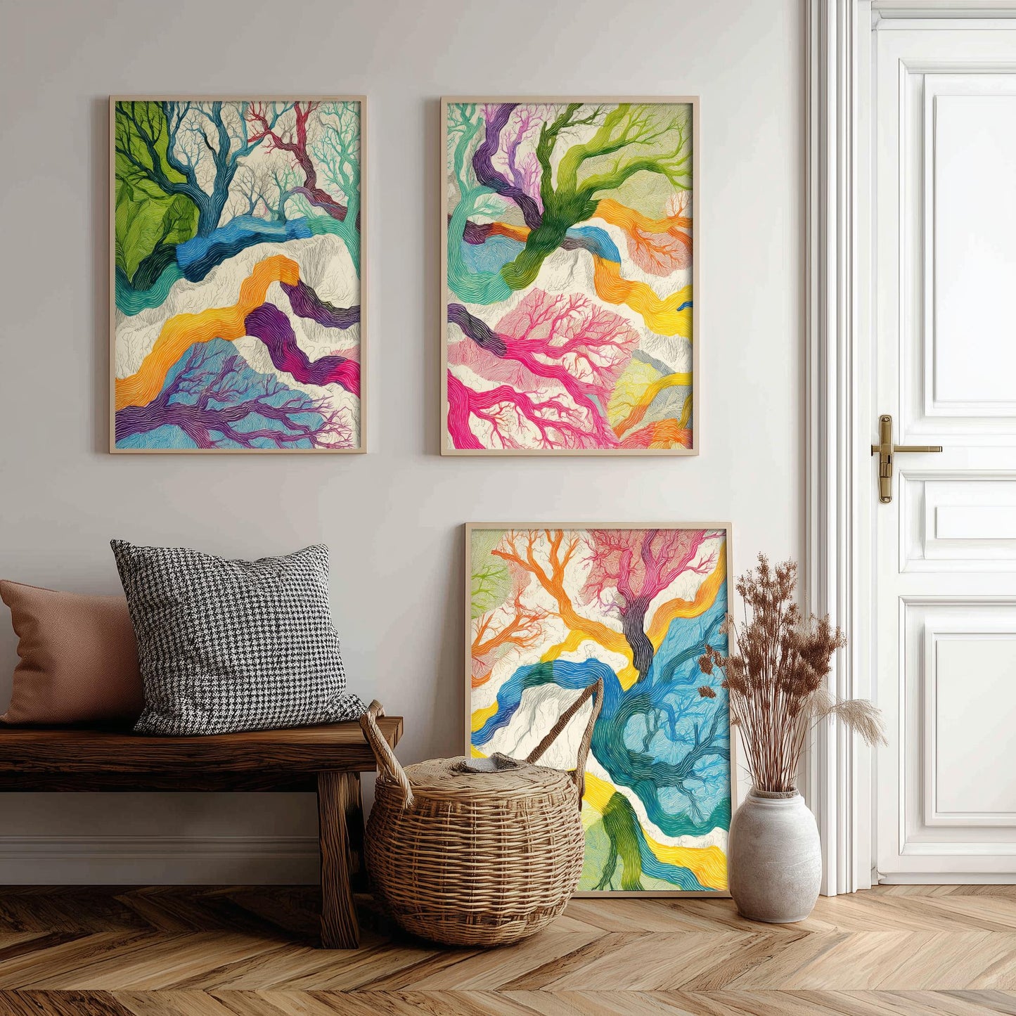 Colourful Winding Trees Set of Three Art Prints - 3 Rainbow Whimsical Tree Posters - Photo Wall Art Gift Nature Illustration V1