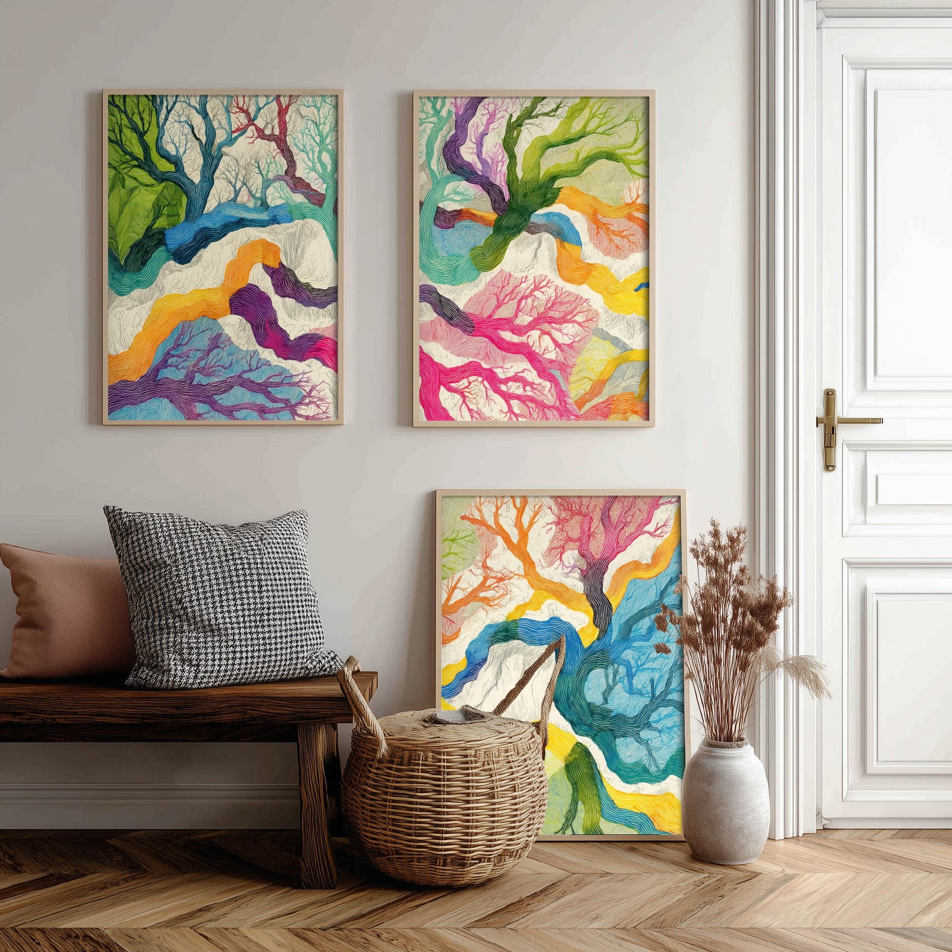 Colourful Winding Trees Set of Three Art Prints - 3 Rainbow Whimsical Tree Posters - Photo Wall Art Gift Nature Illustration V1