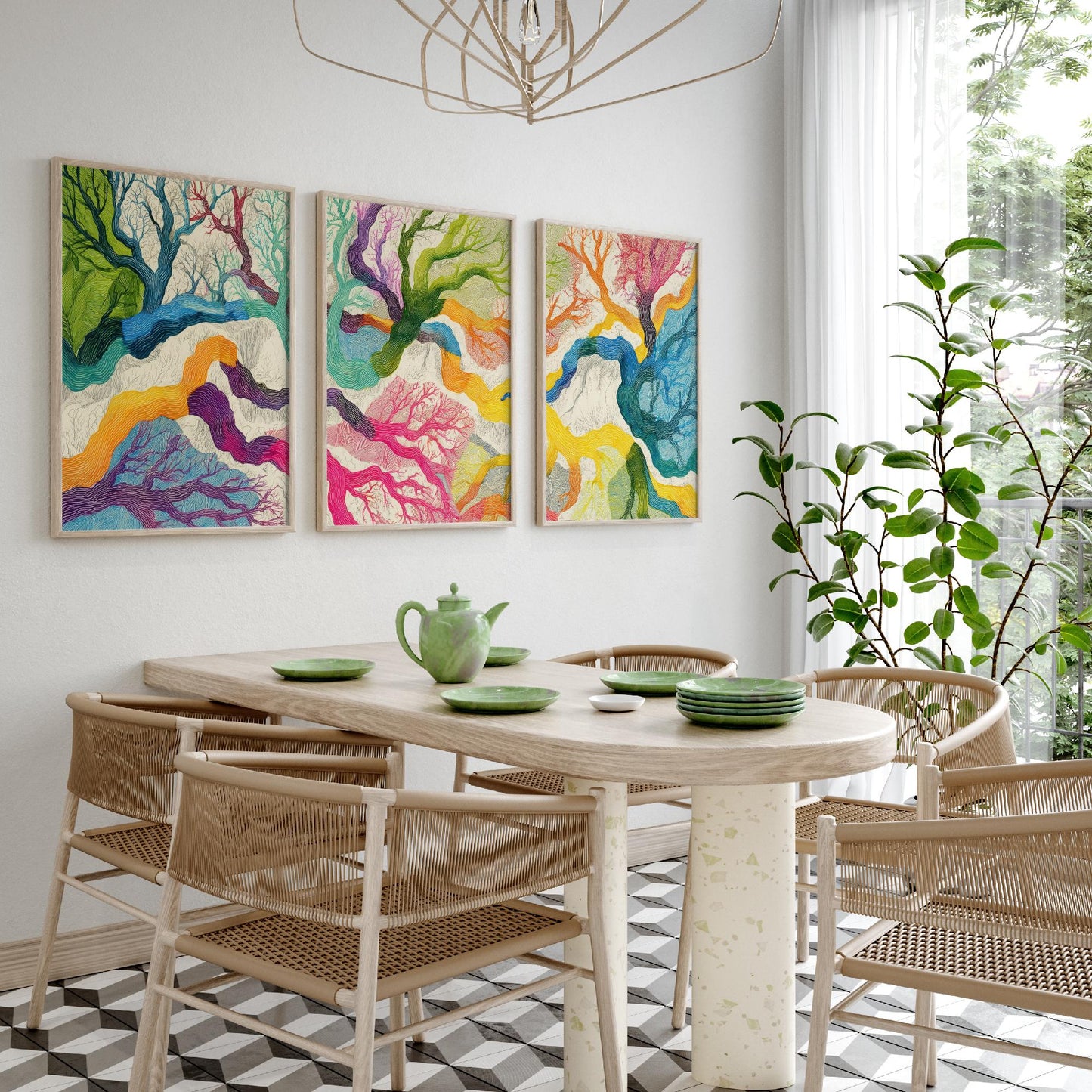 Colourful Winding Trees Set of Three Art Prints - 3 Rainbow Whimsical Tree Posters - Photo Wall Art Gift Nature Illustration V1