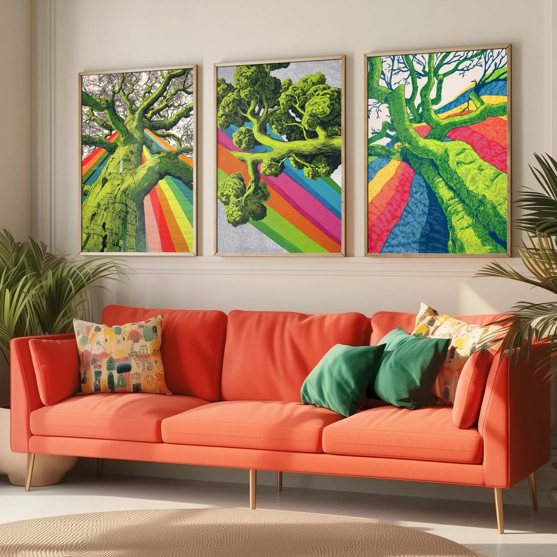 Rainbow Tree Set of Three Art Prints - 3 Bold Green Woodland Canopy Posters - Photo Wall Art Gift Linocut Nature Illustration V2