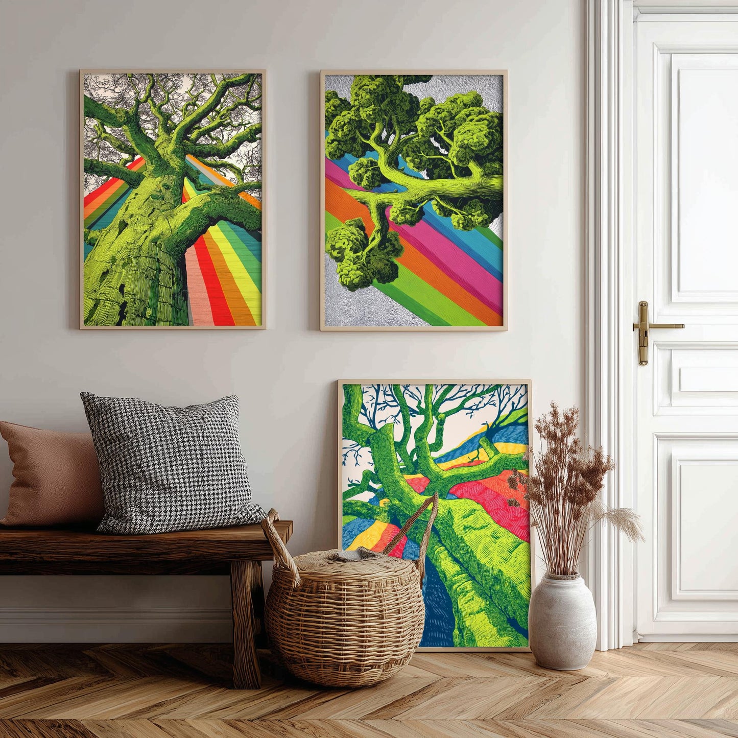 Rainbow Tree Set of Three Art Prints - 3 Bold Green Woodland Canopy Posters - Photo Wall Art Gift Linocut Nature Illustration V2