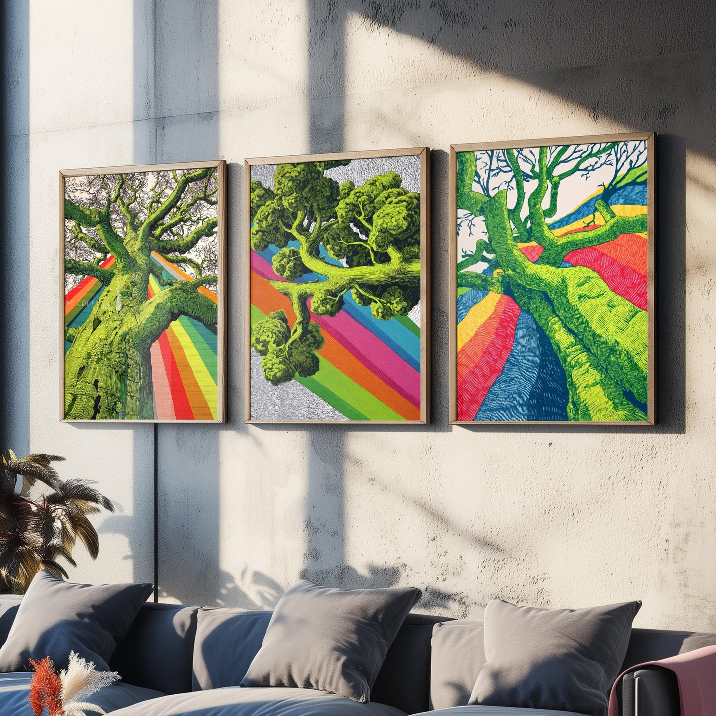 Rainbow Tree Set of Three Art Prints - 3 Bold Green Woodland Canopy Posters - Photo Wall Art Gift Linocut Nature Illustration V2