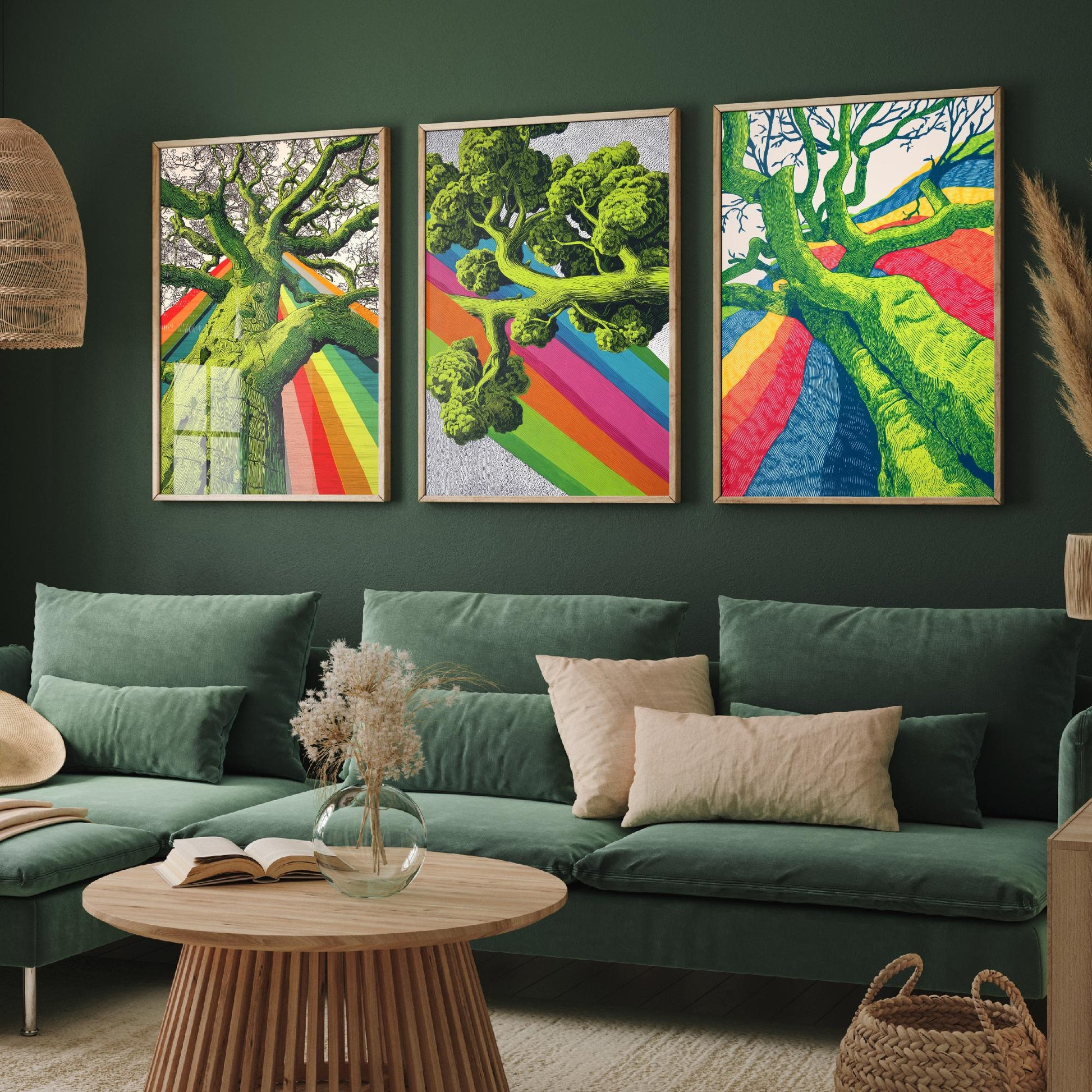 Rainbow Tree Set of Three Art Prints - 3 Bold Green Woodland Canopy Posters - Photo Wall Art Gift Linocut Nature Illustration V2