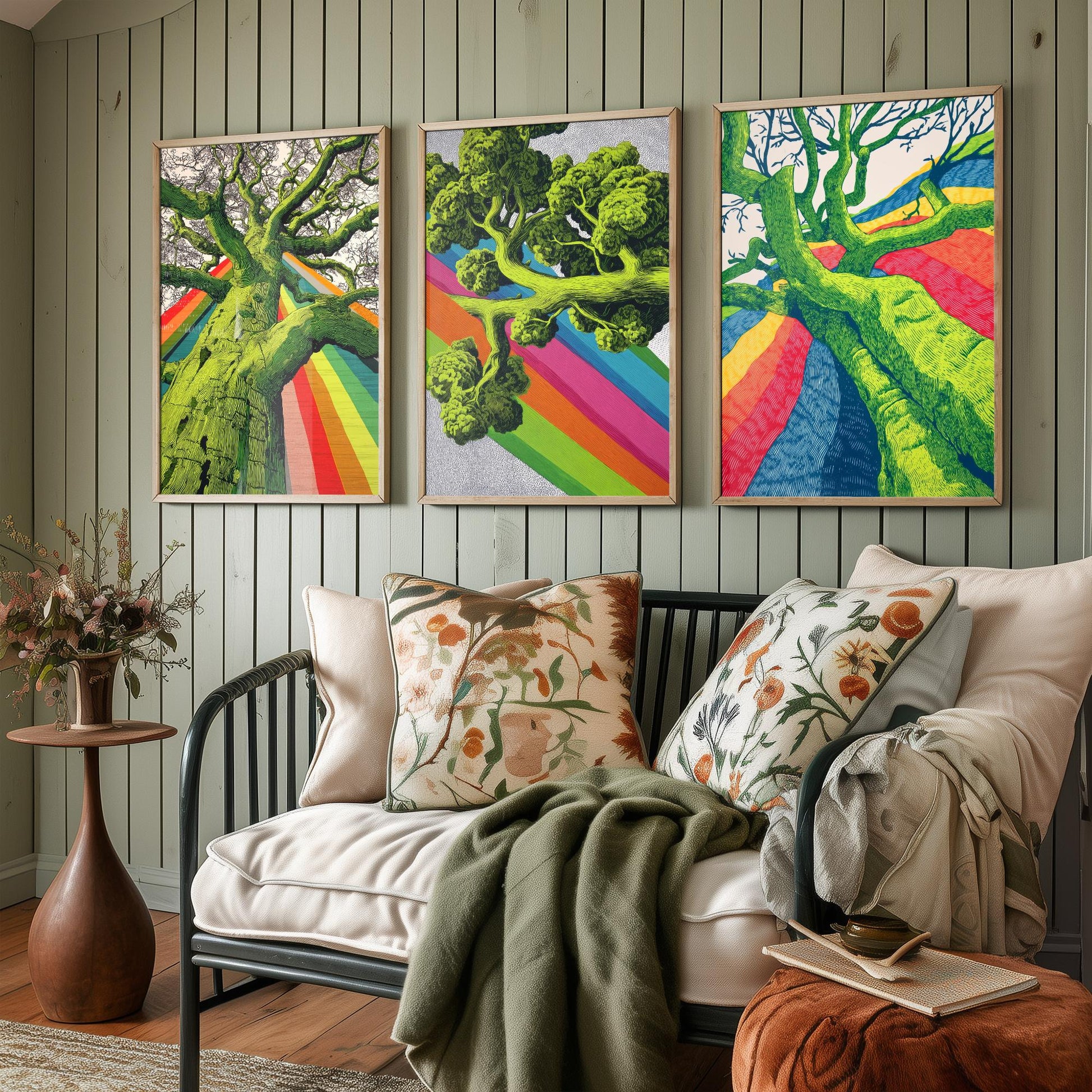 Rainbow Tree Set of Three Art Prints - 3 Bold Green Woodland Canopy Posters - Photo Wall Art Gift Linocut Nature Illustration V2