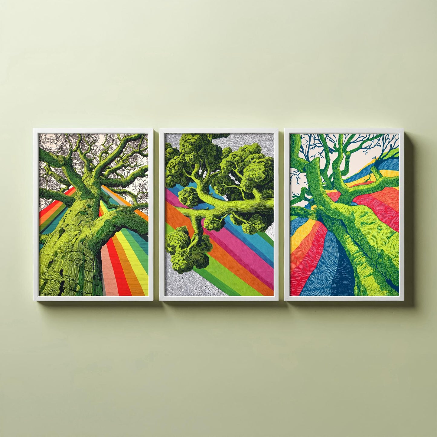 Rainbow Tree Set of Three Art Prints - 3 Bold Green Woodland Canopy Posters - Photo Wall Art Gift Linocut Nature Illustration V2