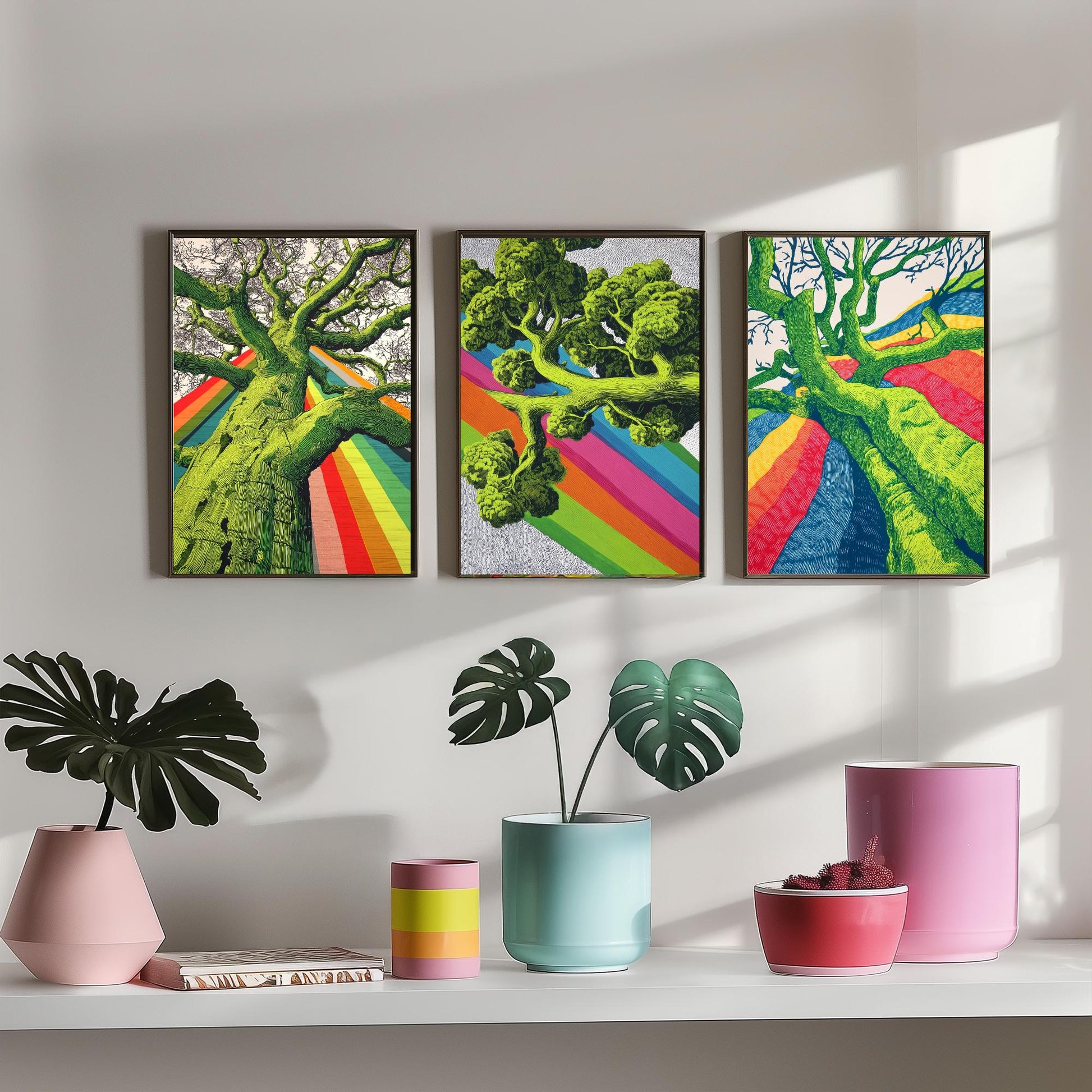 Rainbow Tree Set of Three Art Prints - 3 Bold Green Woodland Canopy Posters - Photo Wall Art Gift Linocut Nature Illustration V2