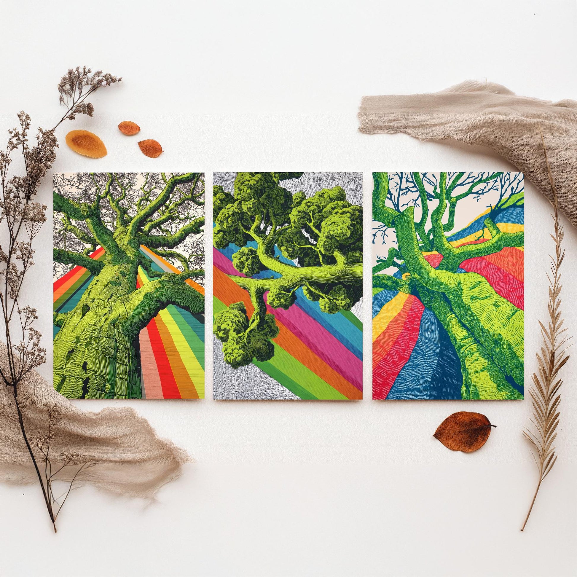 Rainbow Tree Set of Three Art Prints - 3 Bold Green Woodland Canopy Posters - Photo Wall Art Gift Linocut Nature Illustration V2