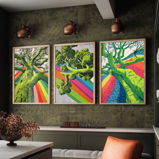 Rainbow Tree Set of Three Art Prints - 3 Bold Green Woodland Canopy Posters - Photo Wall Art Gift Linocut Nature Illustration V2