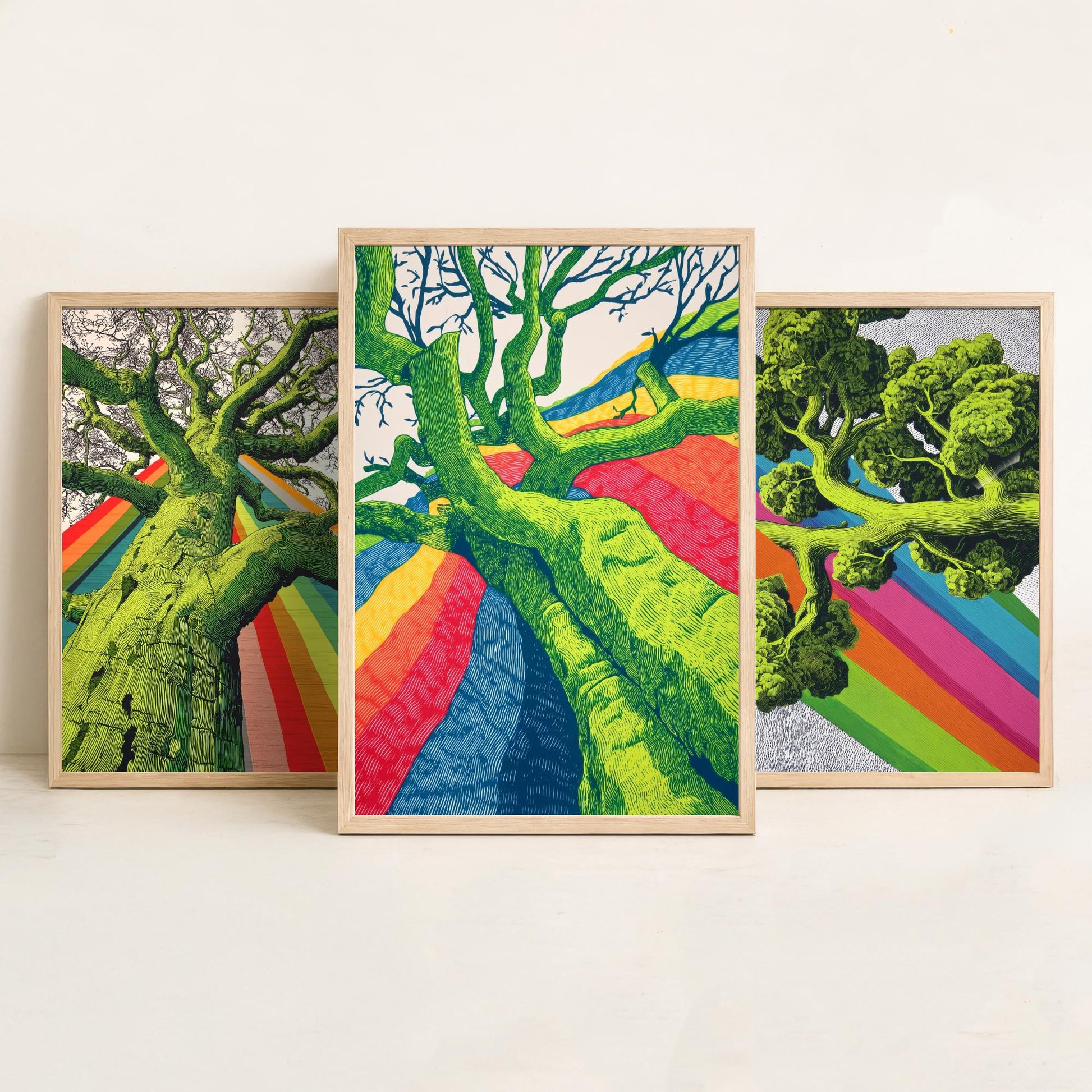 Rainbow Tree Set of Three Art Prints - 3 Bold Green Woodland Canopy Posters - Photo Wall Art Gift Linocut Nature Illustration V2