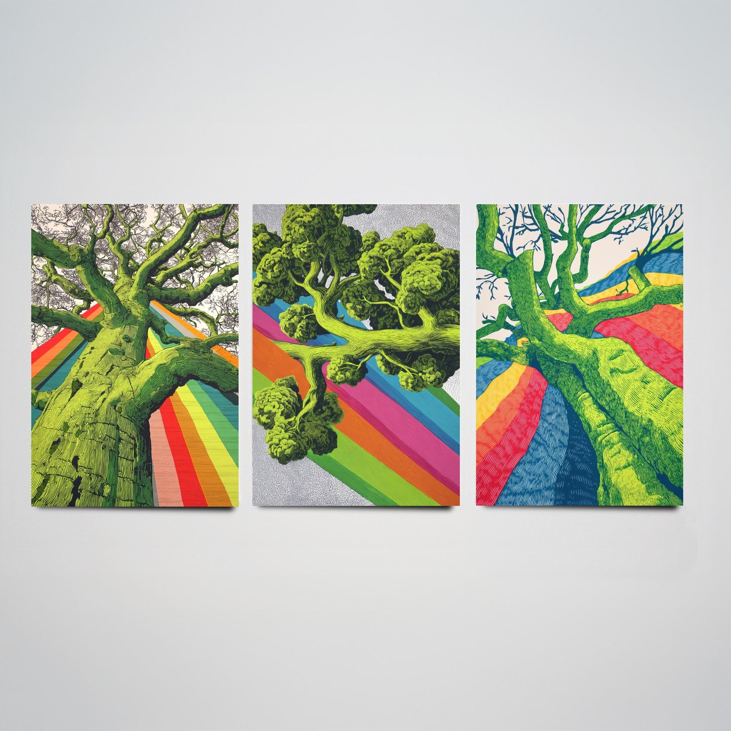 Rainbow Tree Set of Three Art Prints - 3 Bold Green Woodland Canopy Posters - Photo Wall Art Gift Linocut Nature Illustration V2