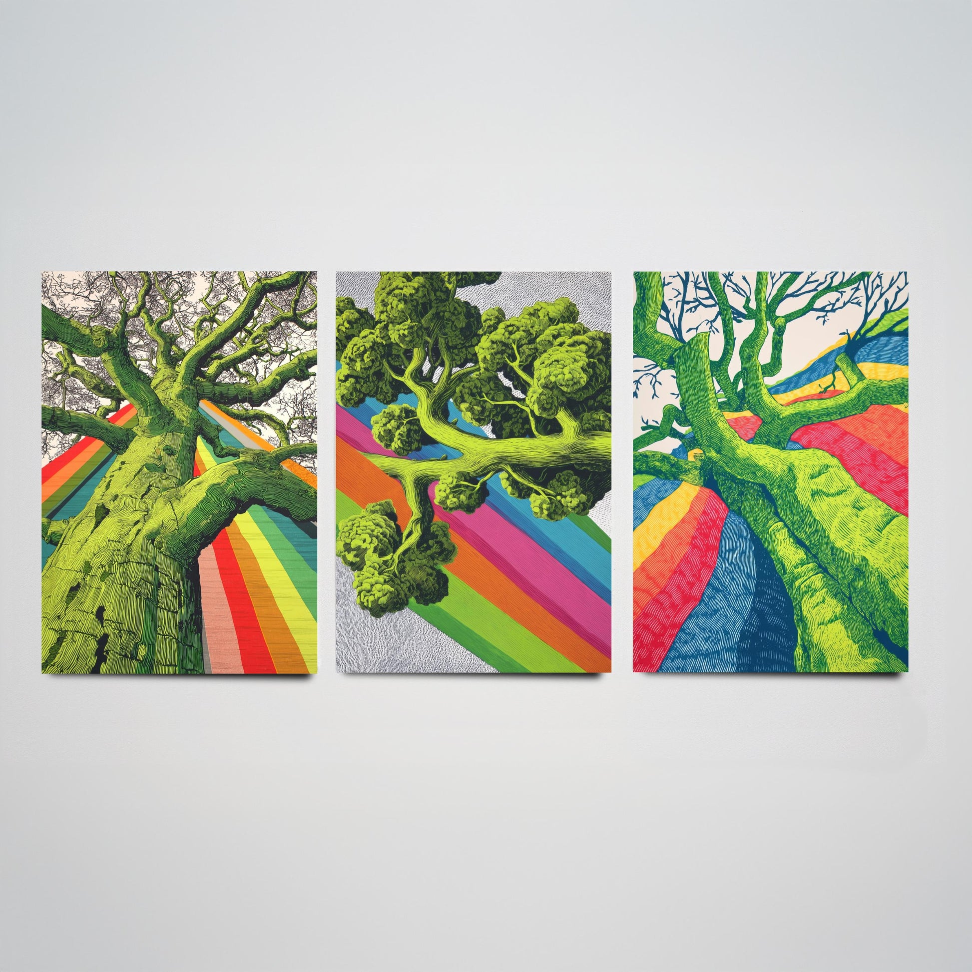 Rainbow Tree Set of Three Art Prints - 3 Bold Green Woodland Canopy Posters - Photo Wall Art Gift Linocut Nature Illustration V2