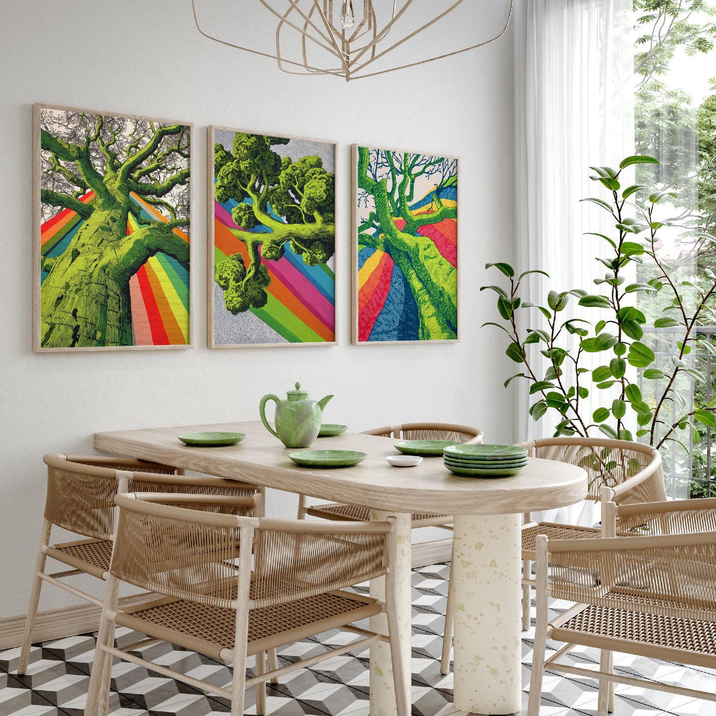 Rainbow Tree Set of Three Art Prints - 3 Bold Green Woodland Canopy Posters - Photo Wall Art Gift Linocut Nature Illustration V2