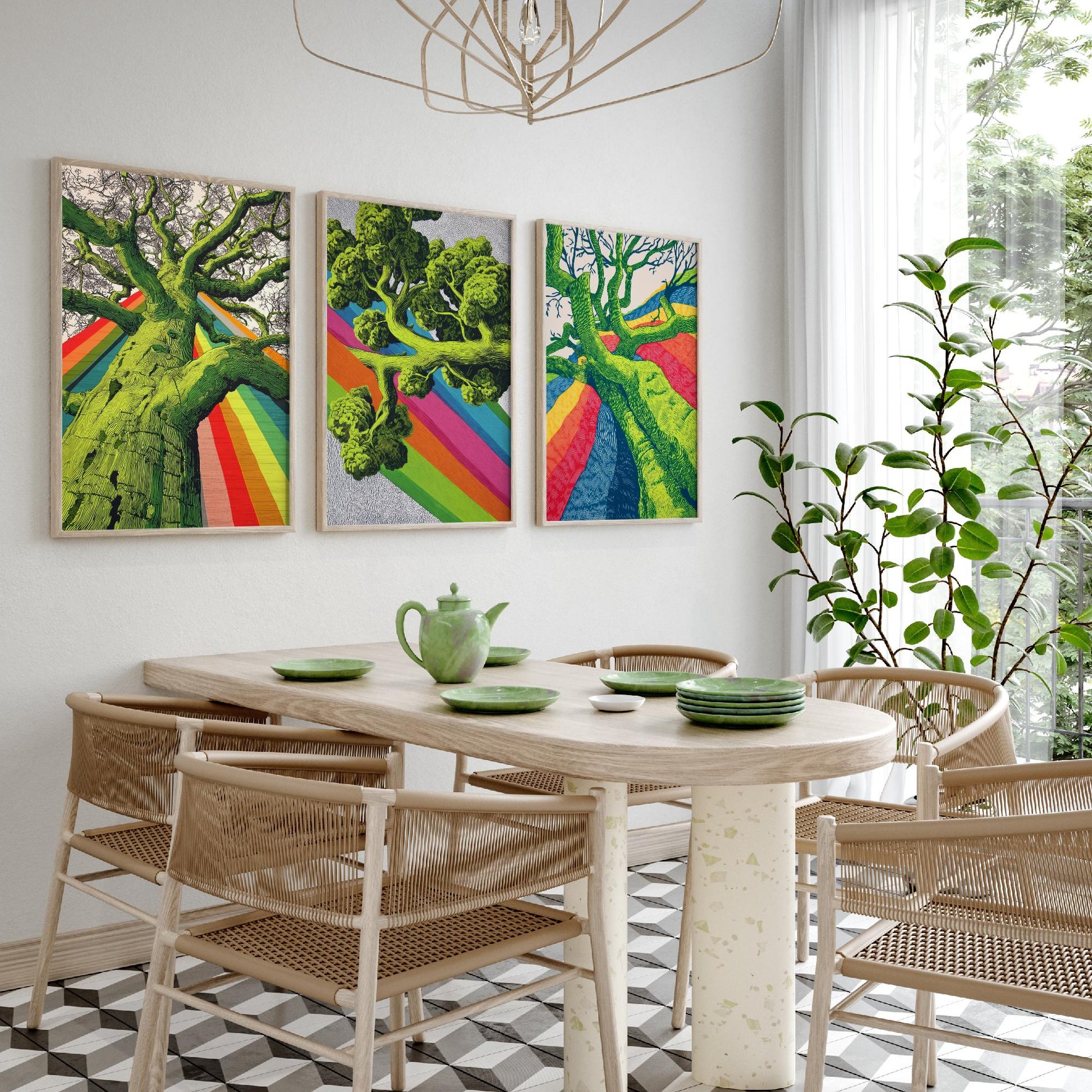 Rainbow Tree Set of Three Art Prints - 3 Bold Green Woodland Canopy Posters - Photo Wall Art Gift Linocut Nature Illustration V2