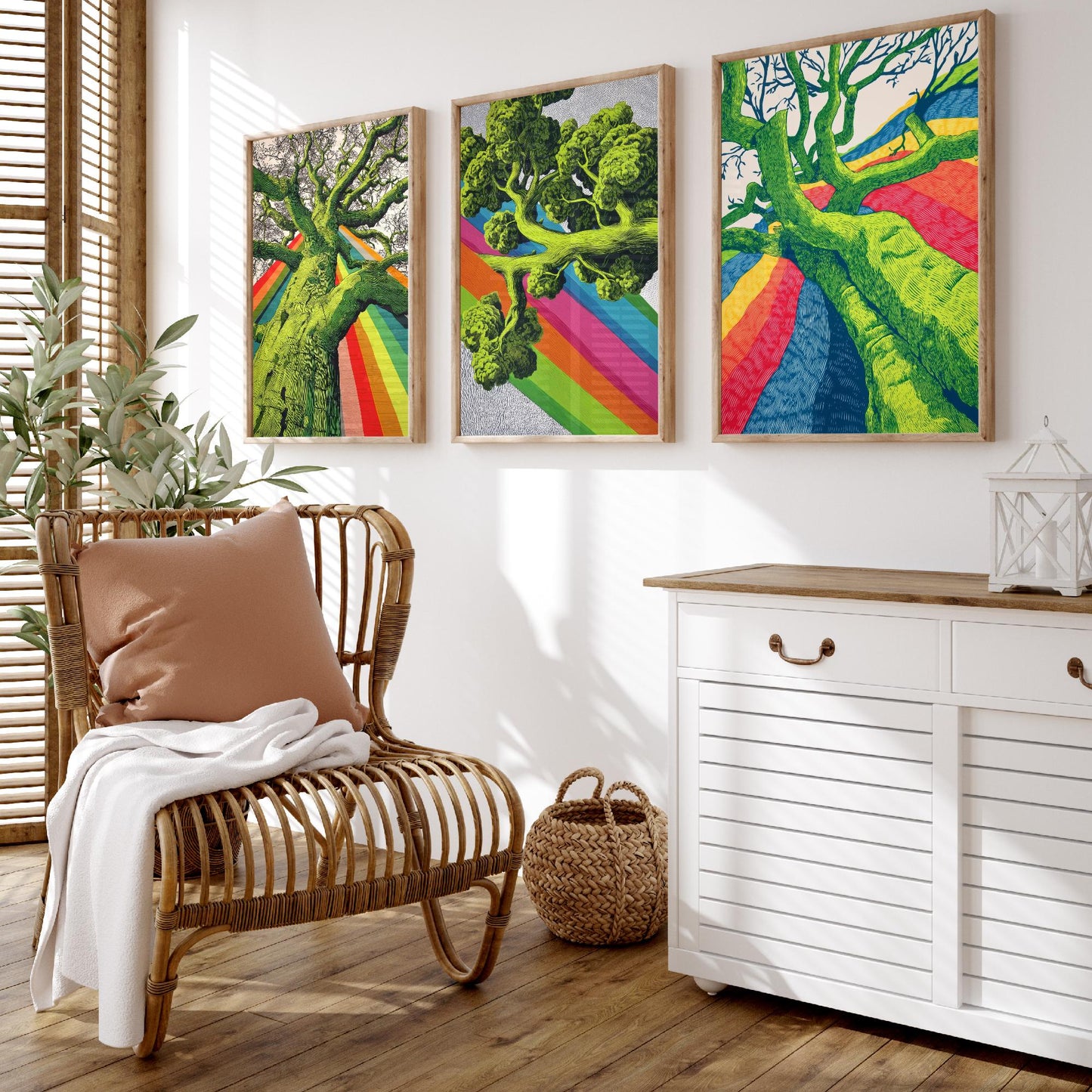 Rainbow Tree Set of Three Art Prints - 3 Bold Green Woodland Canopy Posters - Photo Wall Art Gift Linocut Nature Illustration V2