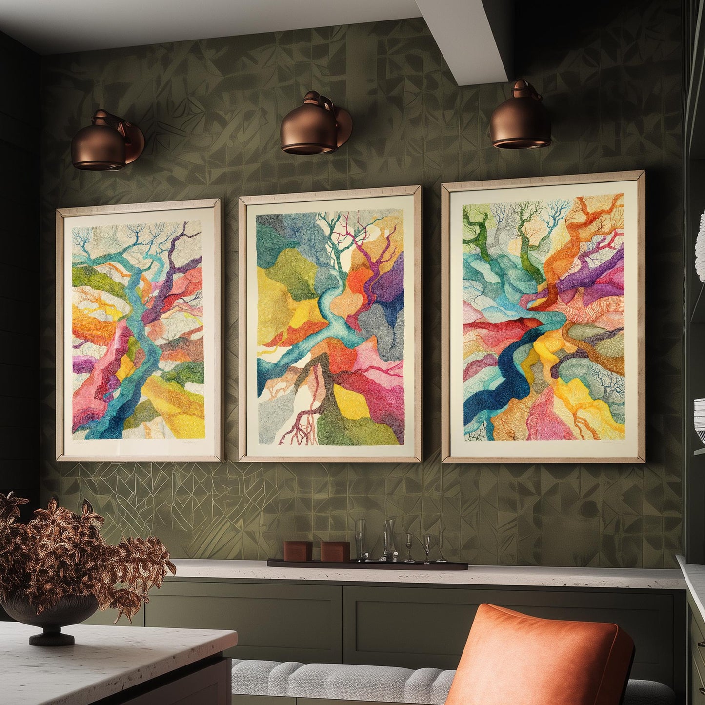 Organic Winding Roots Set of Three Art Prints - 3 Colourful Abstract Tree Posters - Photo Wall Art Gift Ink Drawing Illustration V3