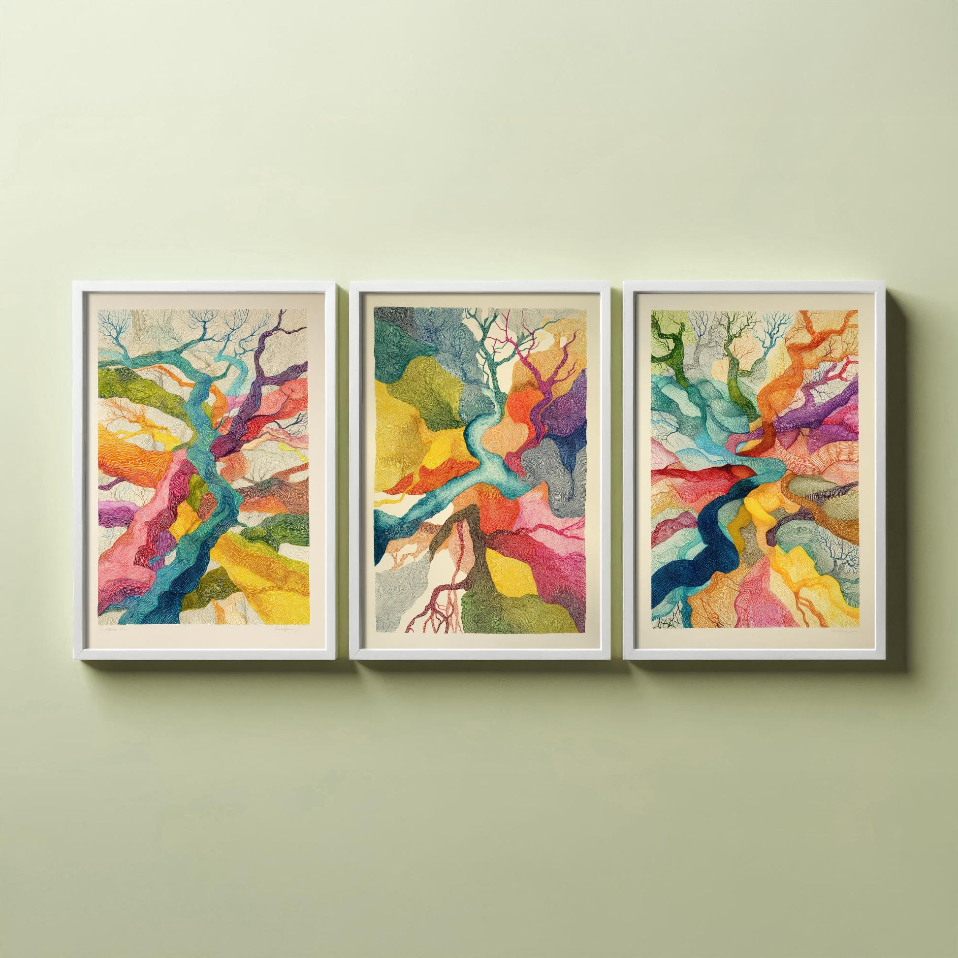Organic Winding Roots Set of Three Art Prints - 3 Colourful Abstract Tree Posters - Photo Wall Art Gift Ink Drawing Illustration V3