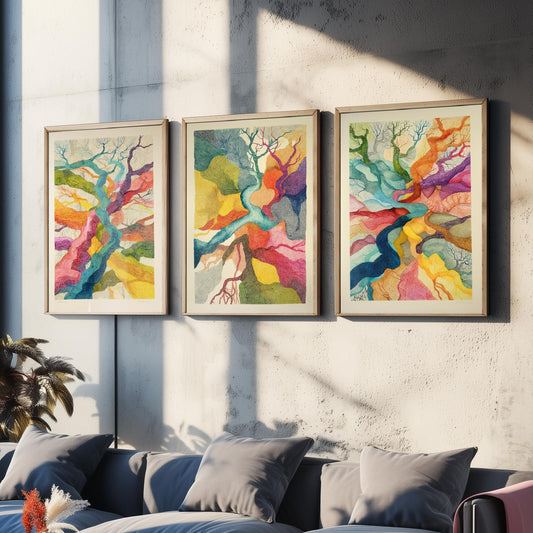 Organic Winding Roots Set of Three Art Prints - 3 Colourful Abstract Tree Posters - Photo Wall Art Gift Ink Drawing Illustration V3