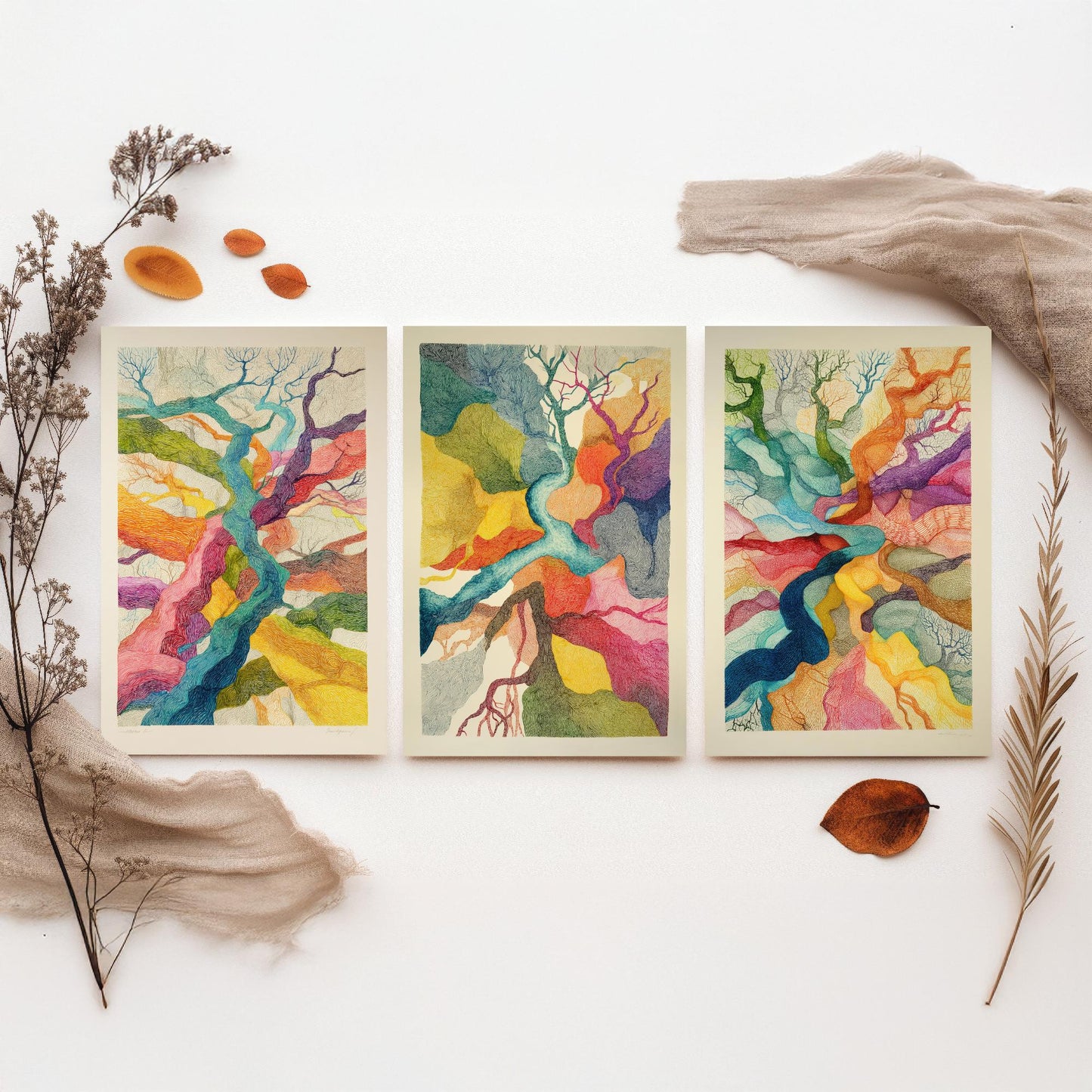 Organic Winding Roots Set of Three Art Prints - 3 Colourful Abstract Tree Posters - Photo Wall Art Gift Ink Drawing Illustration V3
