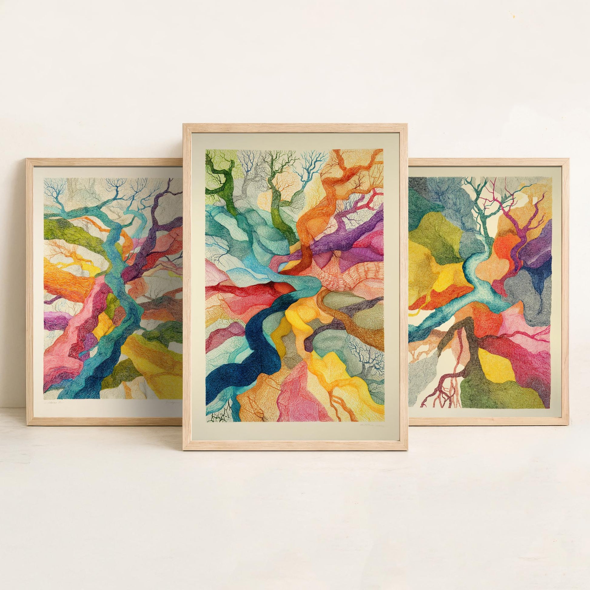 Organic Winding Roots Set of Three Art Prints - 3 Colourful Abstract Tree Posters - Photo Wall Art Gift Ink Drawing Illustration V3