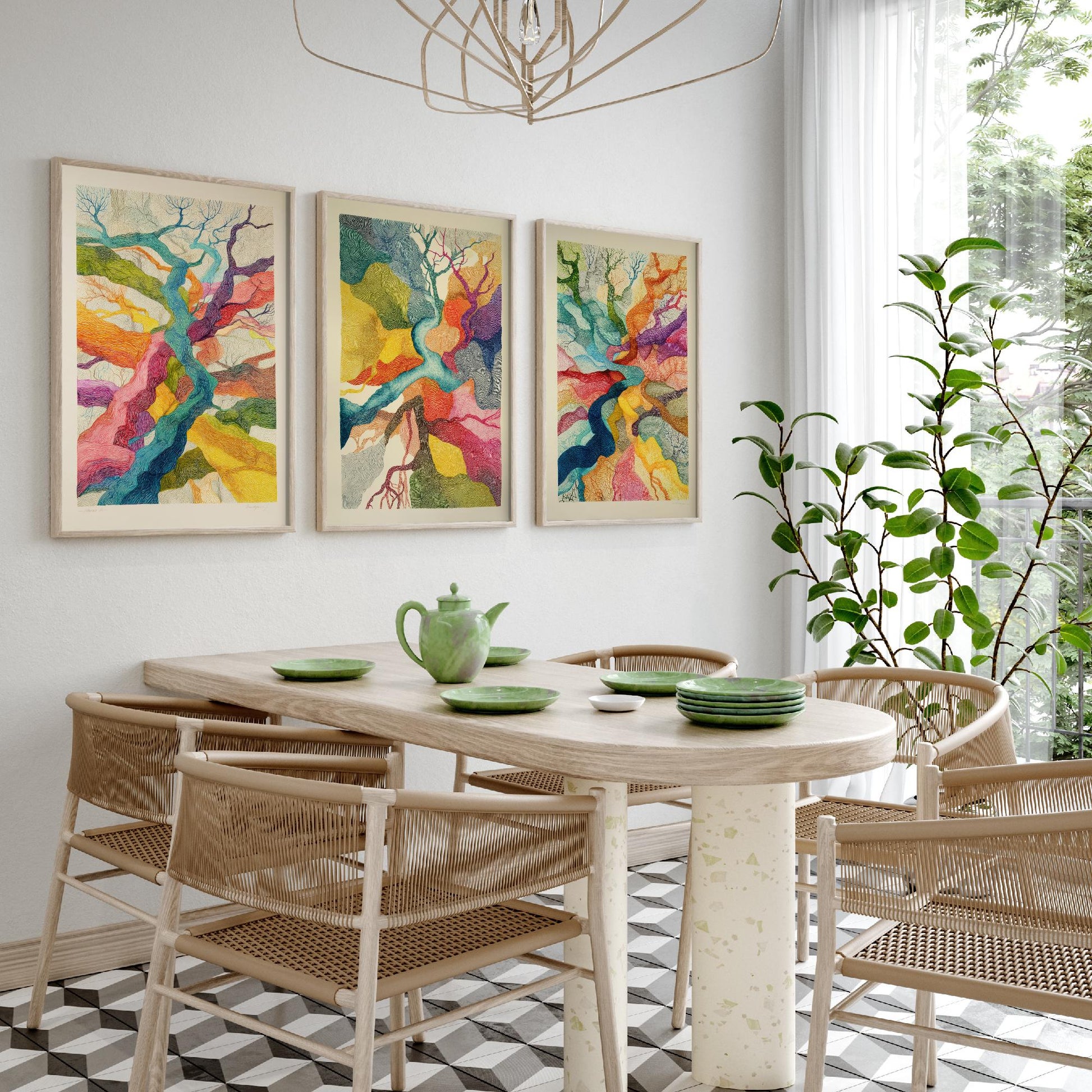 Organic Winding Roots Set of Three Art Prints - 3 Colourful Abstract Tree Posters - Photo Wall Art Gift Ink Drawing Illustration V3