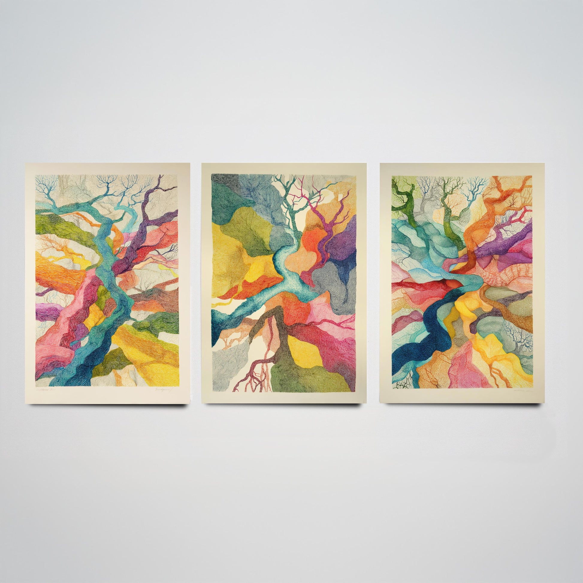 Organic Winding Roots Set of Three Art Prints - 3 Colourful Abstract Tree Posters - Photo Wall Art Gift Ink Drawing Illustration V3