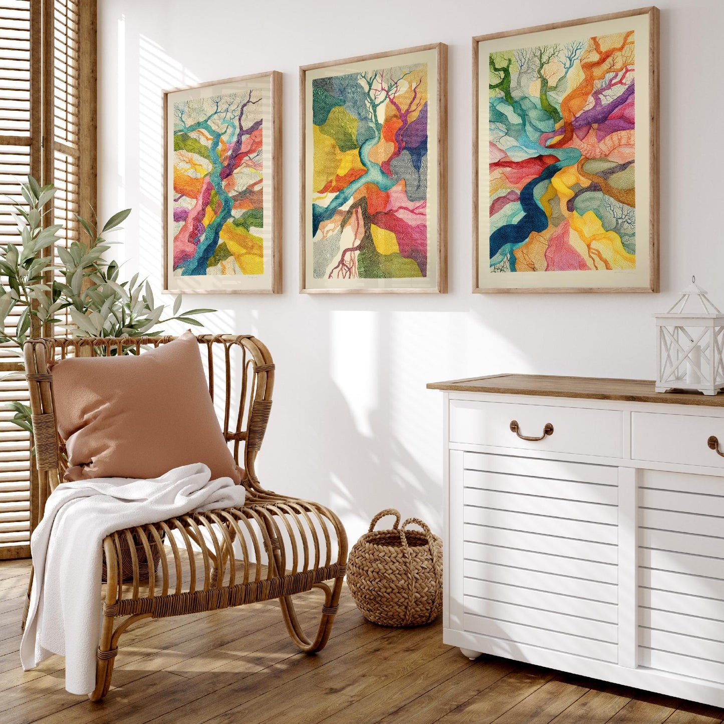 Organic Winding Roots Set of Three Art Prints - 3 Colourful Abstract Tree Posters - Photo Wall Art Gift Ink Drawing Illustration V3