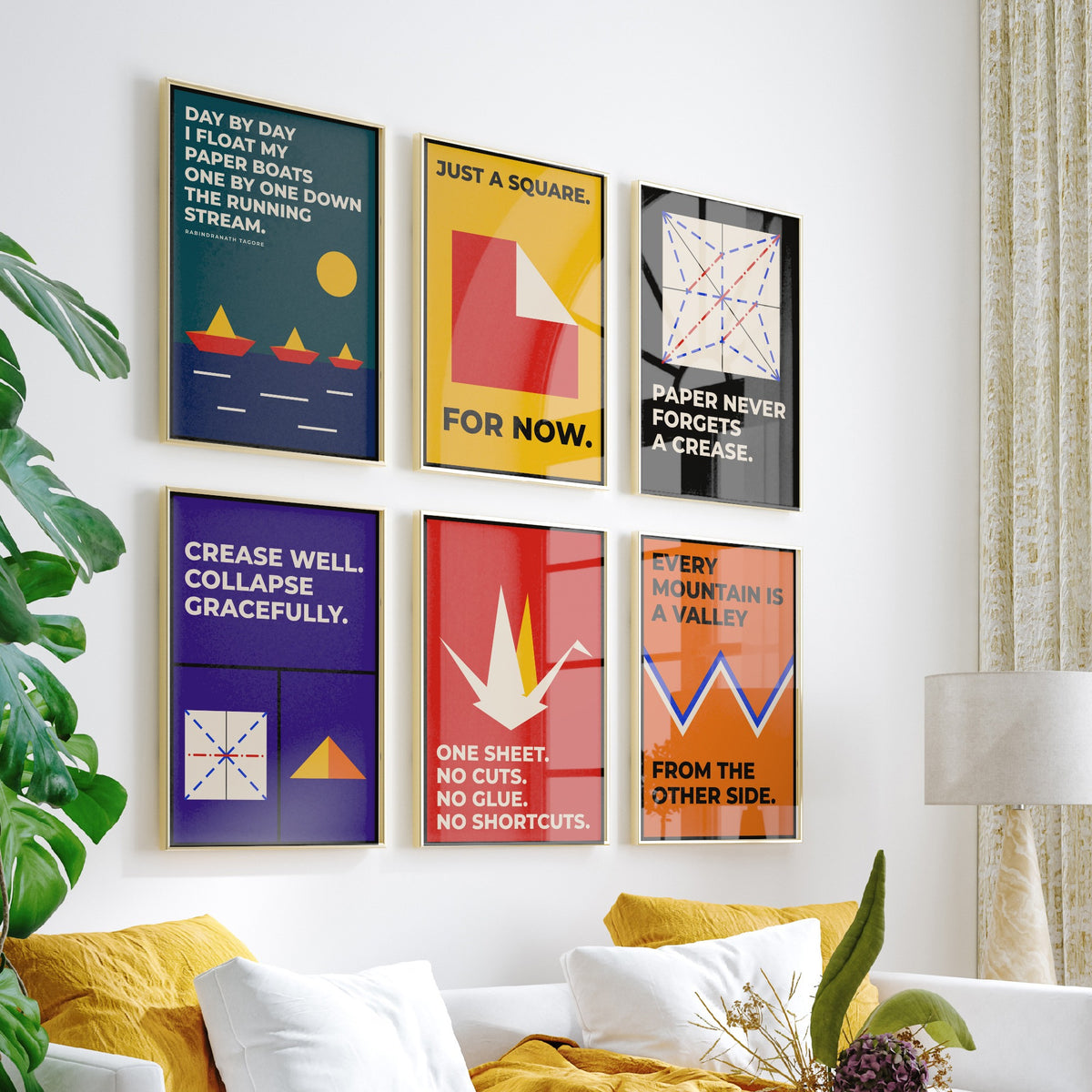 Set of Six Origami Quote Art Prints - 6 Bauhaus Paper Folding Posters - Minimalist Craft Illustration - Paper Crane, Paper Boats