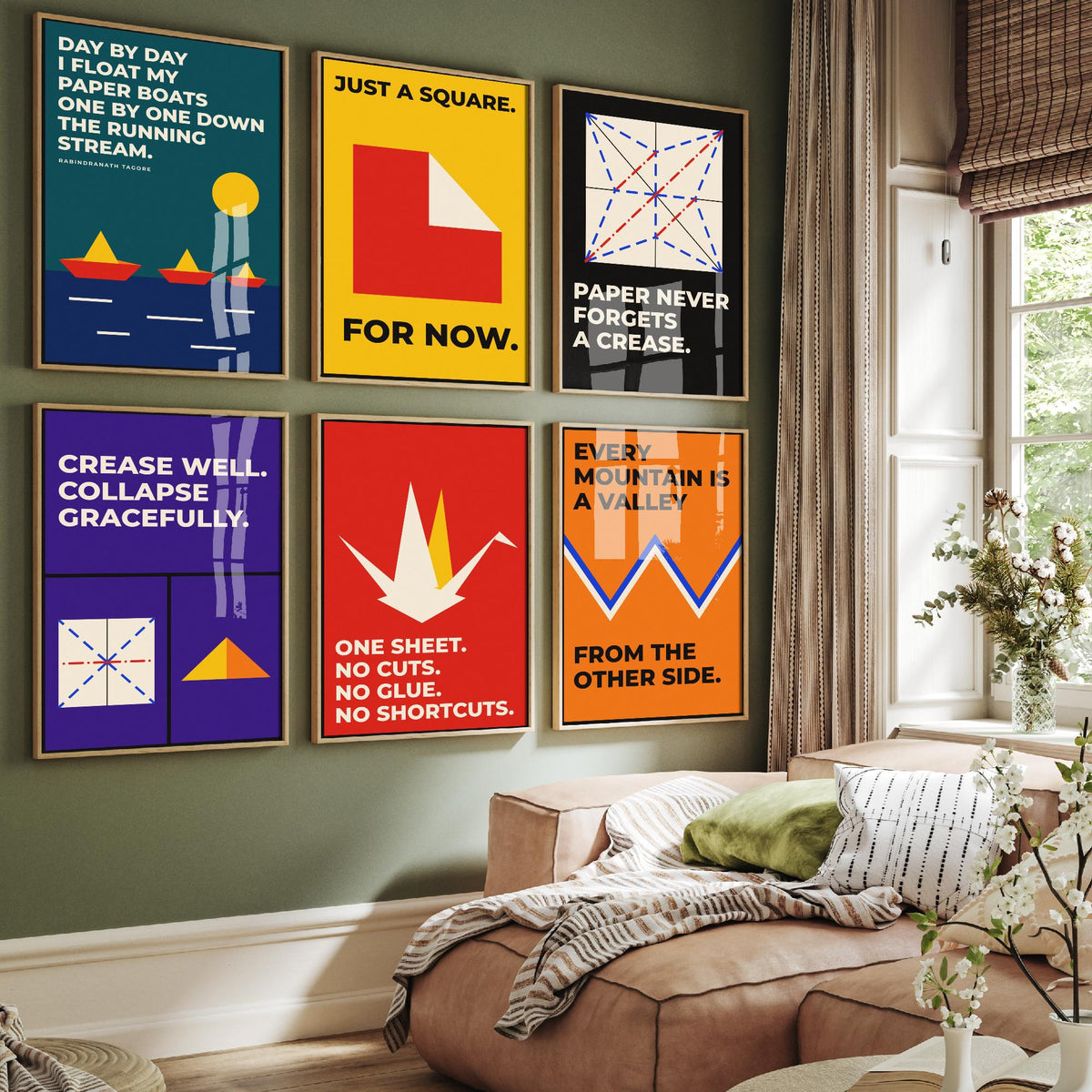 Set of Six Origami Quote Art Prints - 6 Bauhaus Paper Folding Posters - Minimalist Craft Illustration - Paper Crane, Paper Boats