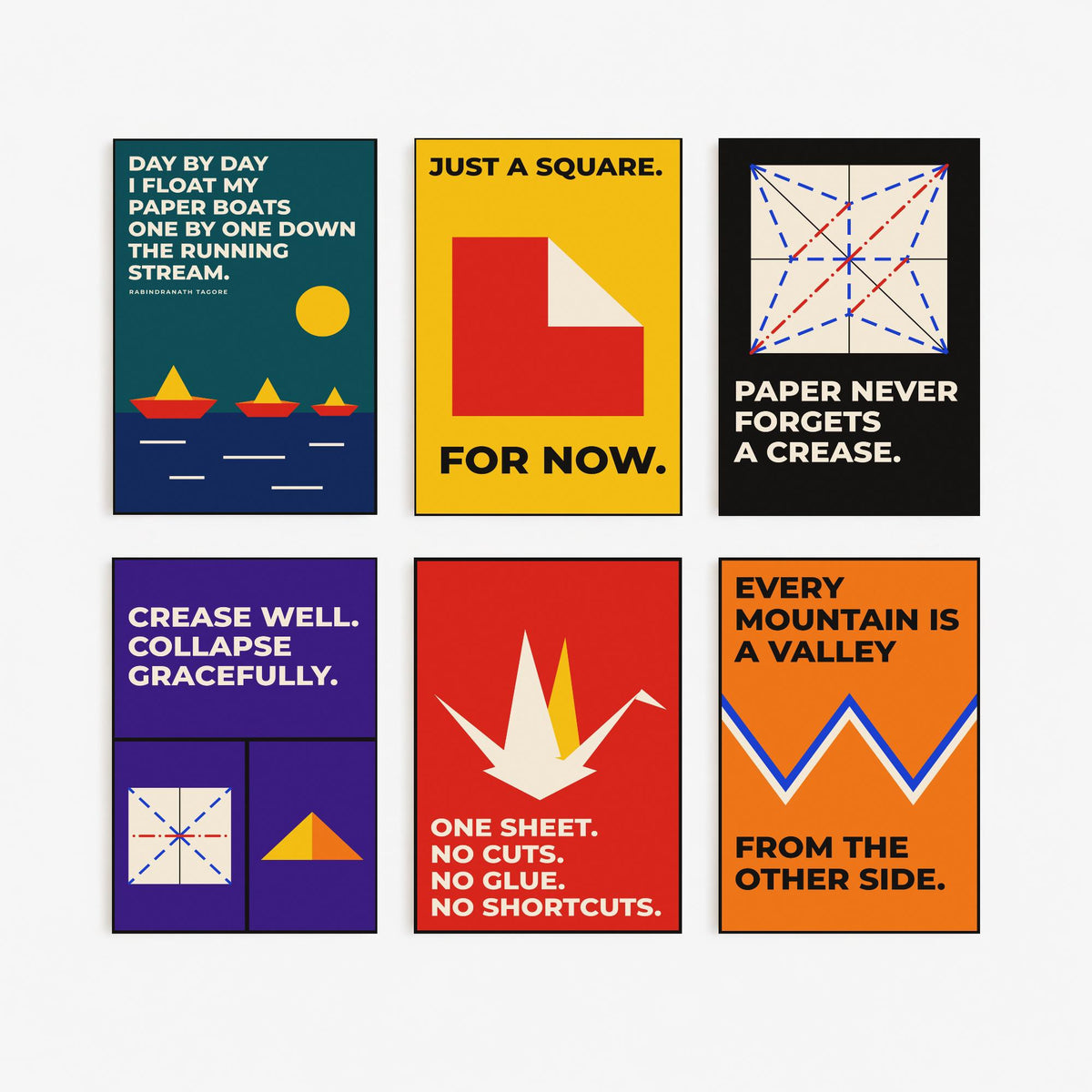 Set of Six Origami Quote Art Prints - 6 Bauhaus Paper Folding Posters - Minimalist Craft Illustration - Paper Crane, Paper Boats