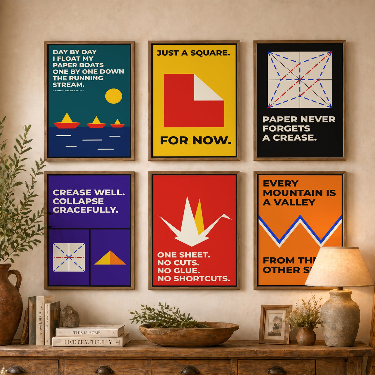 Set of Six Origami Quote Art Prints - 6 Bauhaus Paper Folding Posters - Minimalist Craft Illustration - Paper Crane, Paper Boats