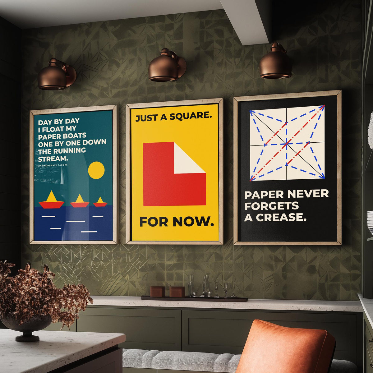 Origami Quotes Set of Three Art Prints - 3 Bauhaus Paper Folding Posters - Minimalist Craft Wall Art Illustration V1