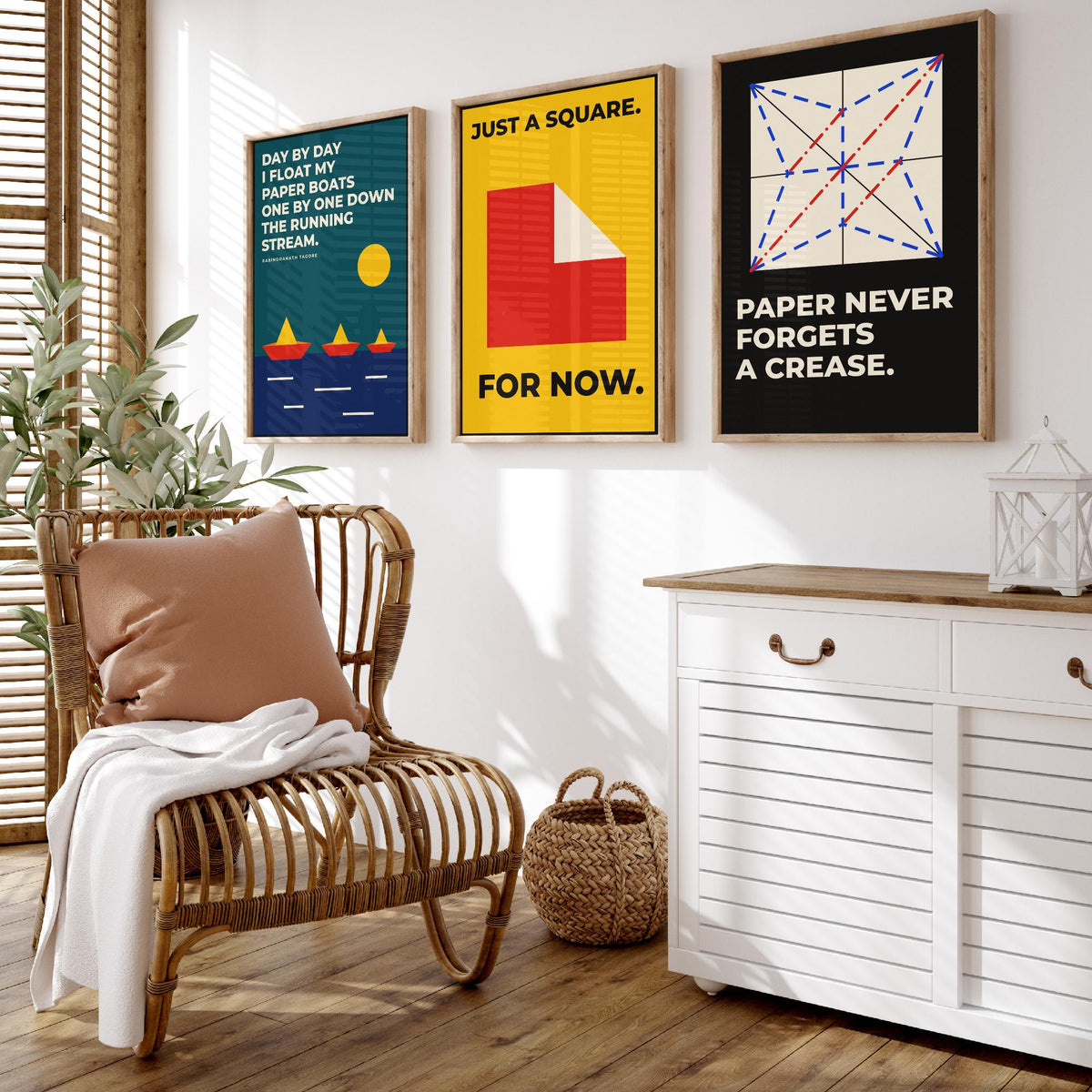 Origami Quotes Set of Three Art Prints - 3 Bauhaus Paper Folding Posters - Minimalist Craft Wall Art Illustration V1