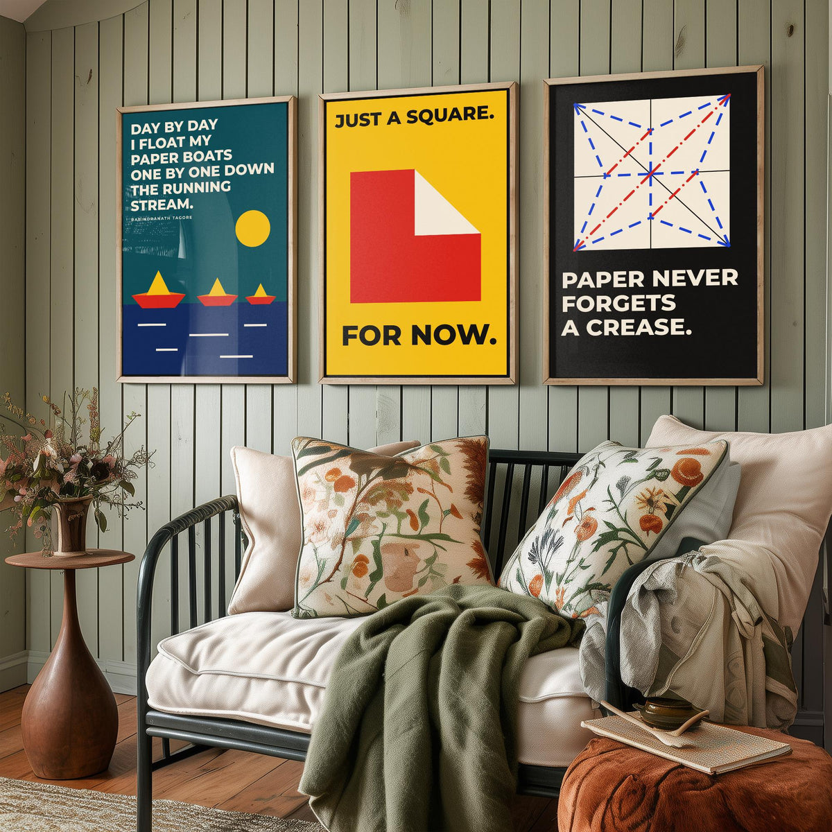 Origami Quotes Set of Three Art Prints - 3 Bauhaus Paper Folding Posters - Minimalist Craft Wall Art Illustration V1
