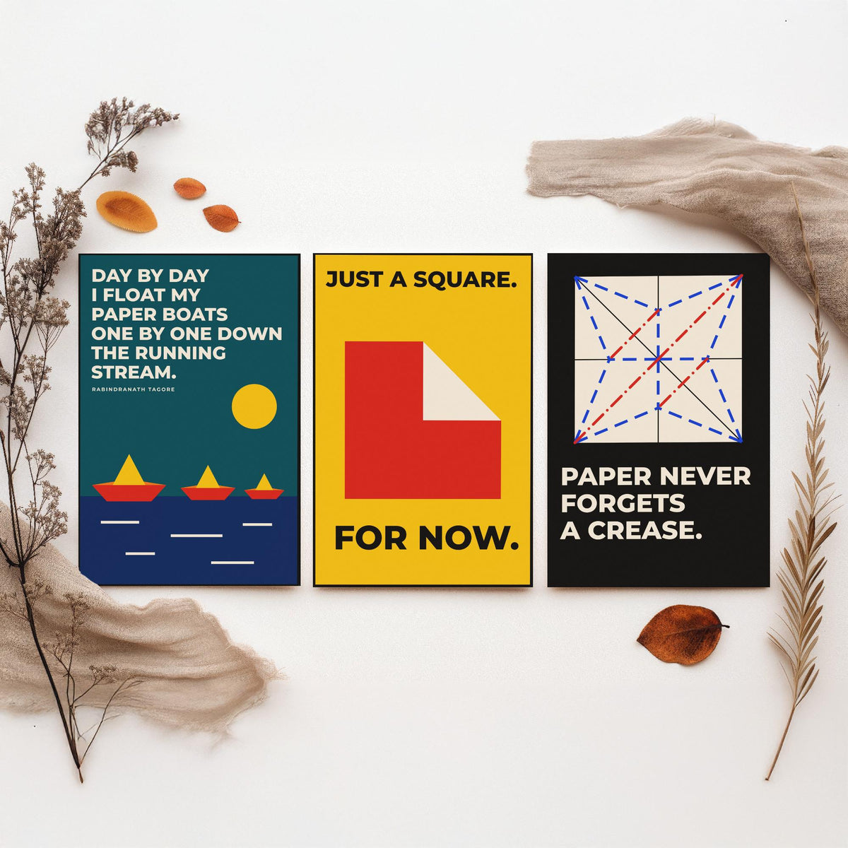 Origami Quotes Set of Three Art Prints - 3 Bauhaus Paper Folding Posters - Minimalist Craft Wall Art Illustration V1