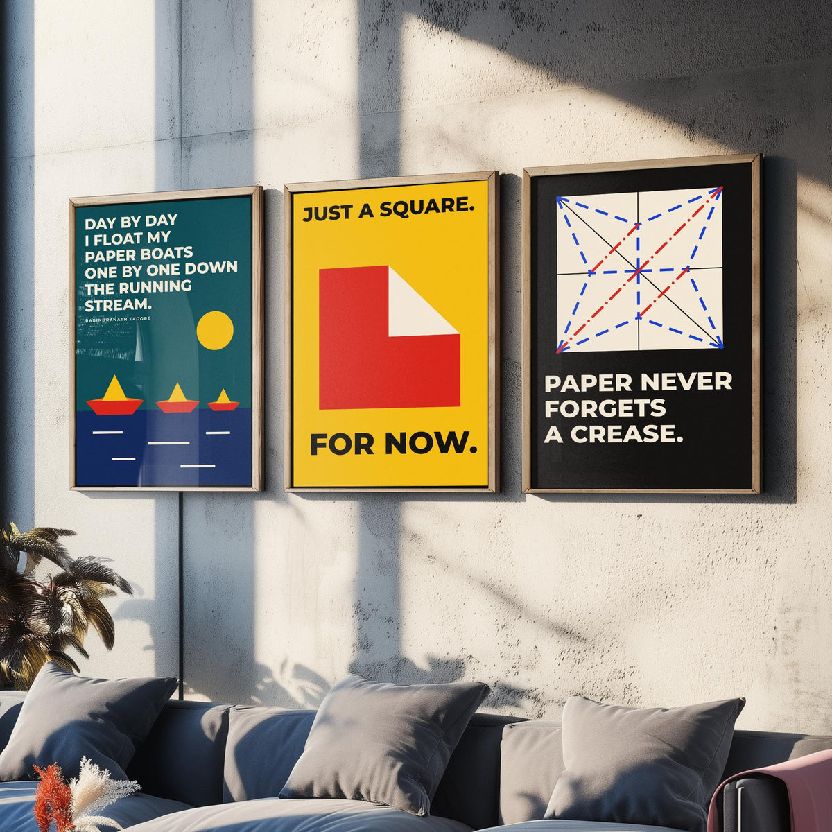 Origami Quotes Set of Three Art Prints - 3 Bauhaus Paper Folding Posters - Minimalist Craft Wall Art Illustration V1