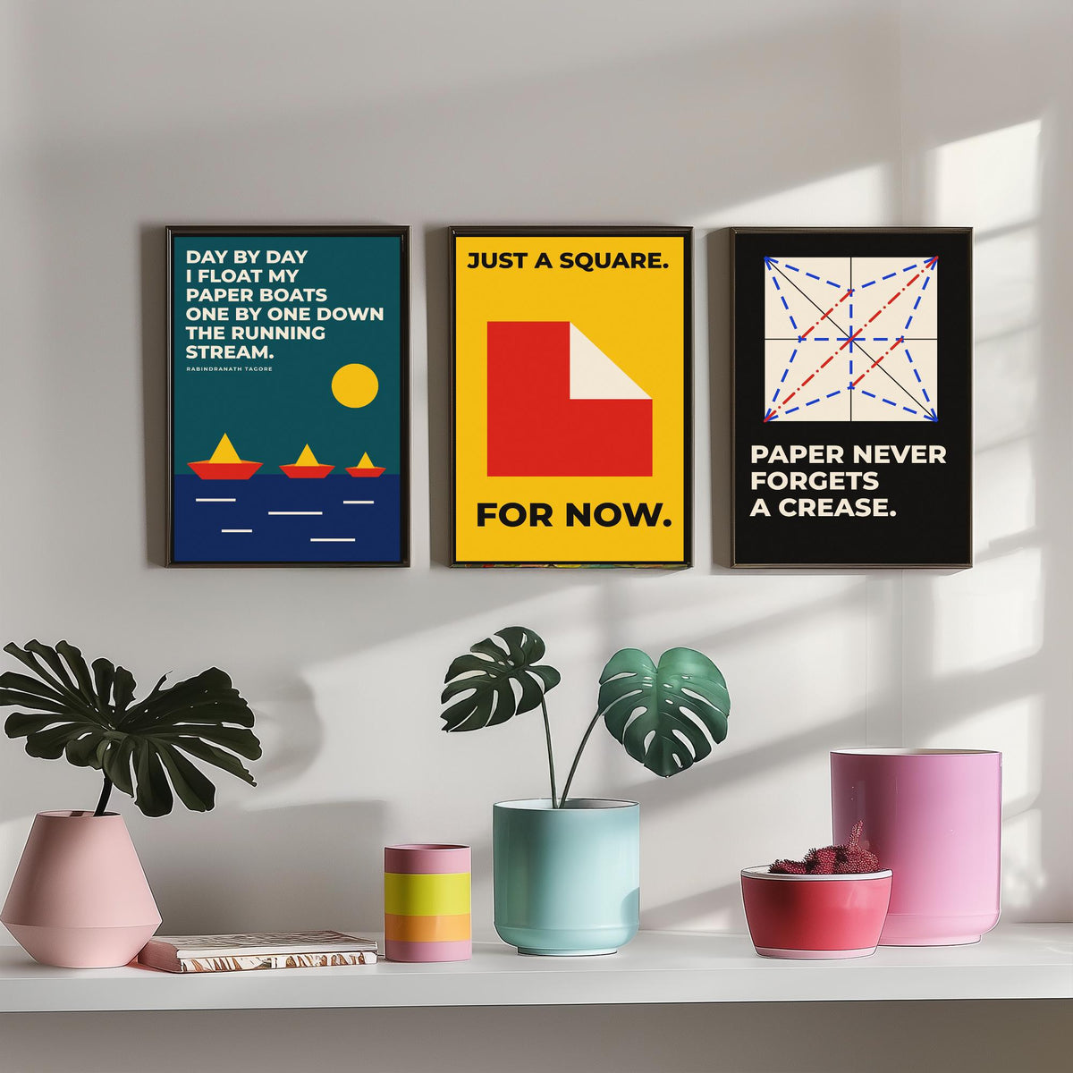 Origami Quotes Set of Three Art Prints - 3 Bauhaus Paper Folding Posters - Minimalist Craft Wall Art Illustration V1