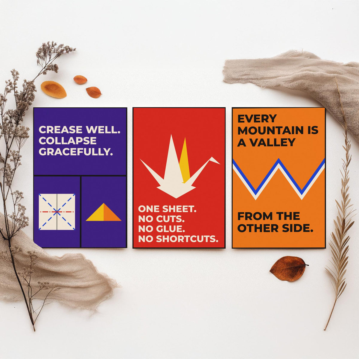 Origami Quotes Set of Three Art Prints - 3 Retro Bauhaus Paper Folding Posters - Minimalist Craft Wall Art Illustration V2