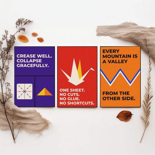 Origami Quotes Set of Three Art Prints - 3 Retro Bauhaus Paper Folding Posters - Minimalist Craft Wall Art Illustration V2