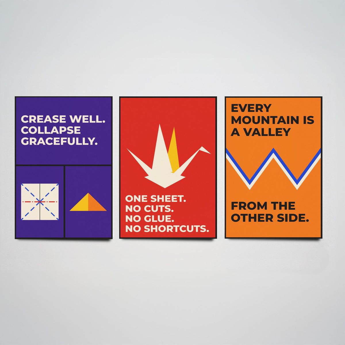 Origami Quotes Set of Three Art Prints - 3 Retro Bauhaus Paper Folding Posters - Minimalist Craft Wall Art Illustration V2