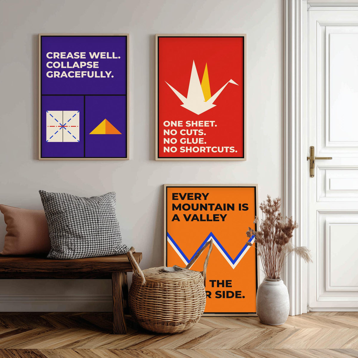 Origami Quotes Set of Three Art Prints - 3 Retro Bauhaus Paper Folding Posters - Minimalist Craft Wall Art Illustration V2