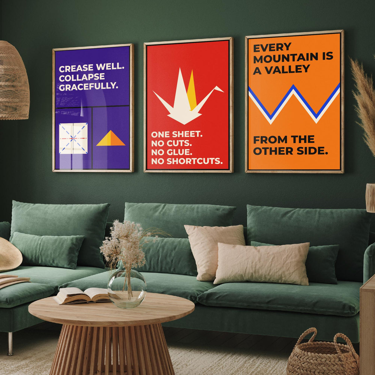 Origami Quotes Set of Three Art Prints - 3 Retro Bauhaus Paper Folding Posters - Minimalist Craft Wall Art Illustration V2