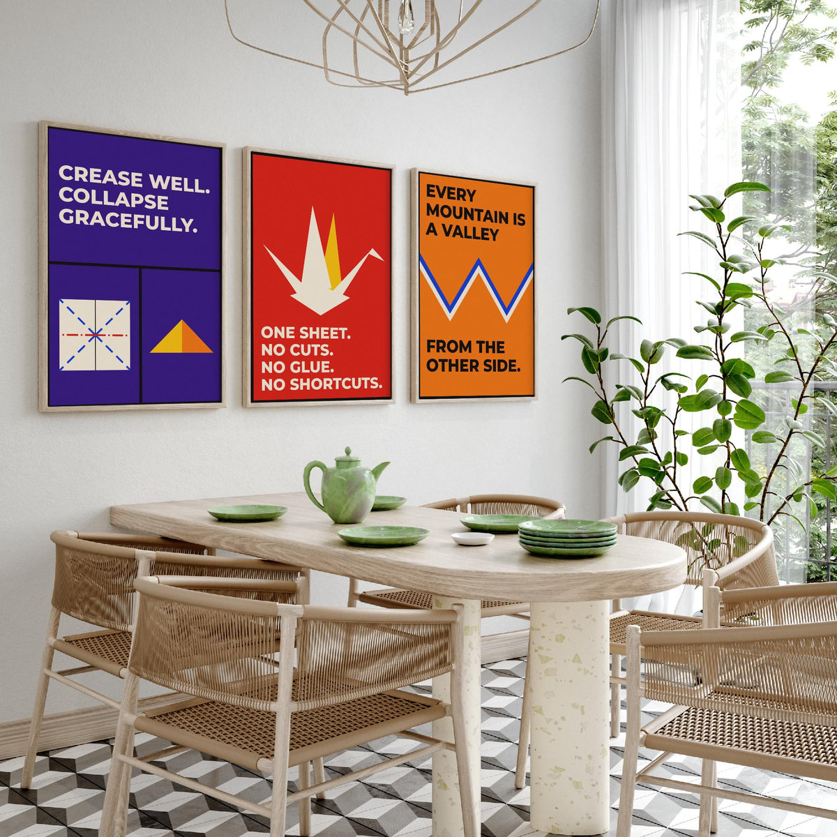 Origami Quotes Set of Three Art Prints - 3 Retro Bauhaus Paper Folding Posters - Minimalist Craft Wall Art Illustration V2