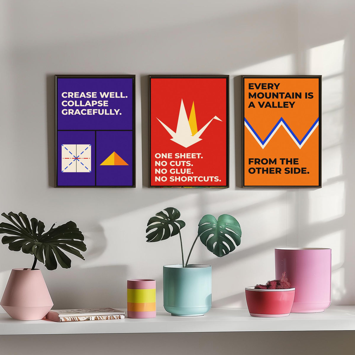 Origami Quotes Set of Three Art Prints - 3 Retro Bauhaus Paper Folding Posters - Minimalist Craft Wall Art Illustration V2