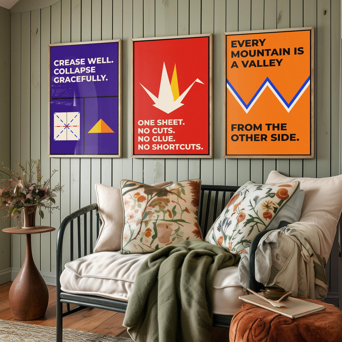 Origami Quotes Set of Three Art Prints - 3 Retro Bauhaus Paper Folding Posters - Minimalist Craft Wall Art Illustration V2