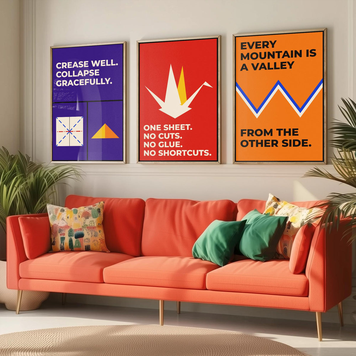 Origami Quotes Set of Three Art Prints - 3 Retro Bauhaus Paper Folding Posters - Minimalist Craft Wall Art Illustration V2
