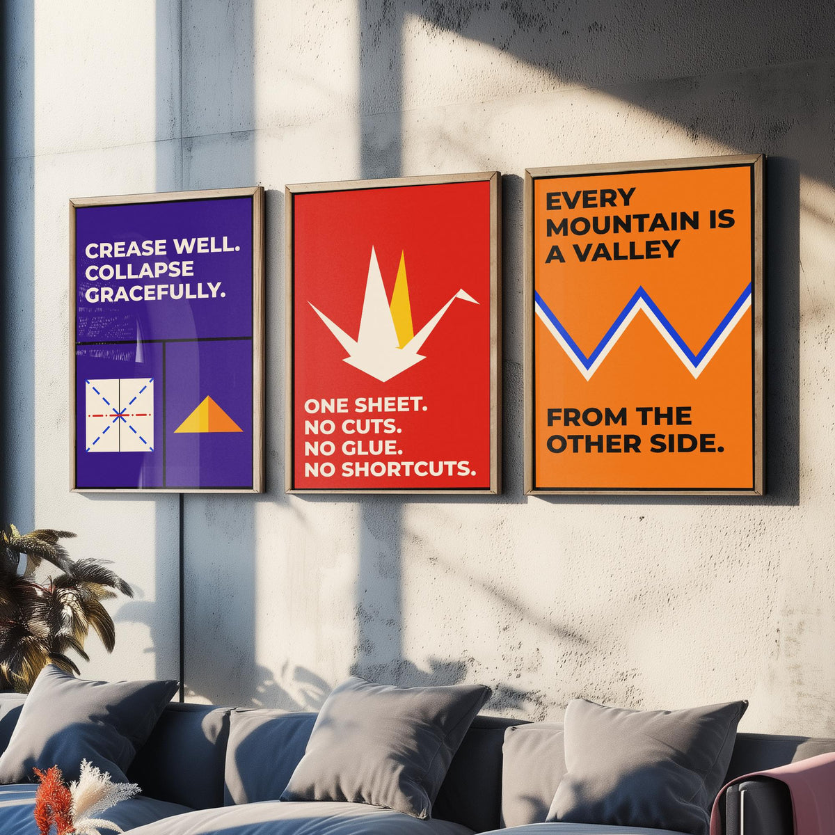 Origami Quotes Set of Three Art Prints - 3 Retro Bauhaus Paper Folding Posters - Minimalist Craft Wall Art Illustration V2
