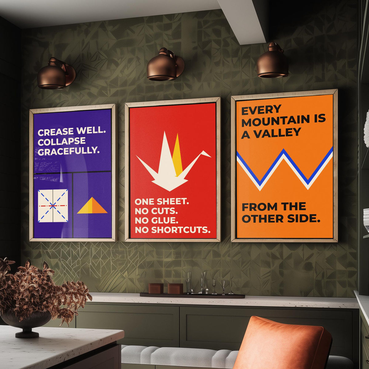 Origami Quotes Set of Three Art Prints - 3 Retro Bauhaus Paper Folding Posters - Minimalist Craft Wall Art Illustration V2